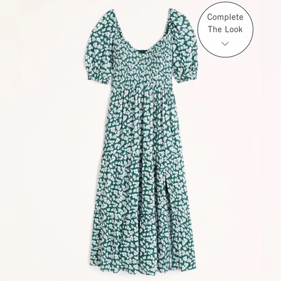 Abercrombie & Fitch Women’s Green Floral Print Short-Sleeve Smocked Midi Dress - Picture 6 of 10